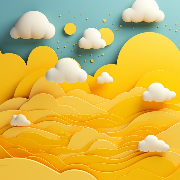 Paper cut clouds and yellow creative concept background