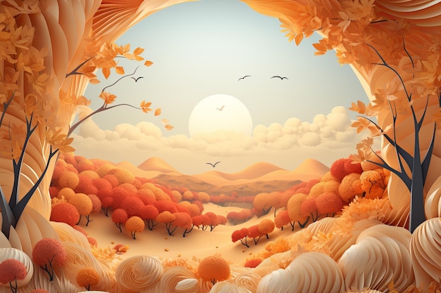 Paper cut craft illustration of only orange fall leaves outdoors in forest completely surrounded by autumn orange leaves mountains in background orange sunrise