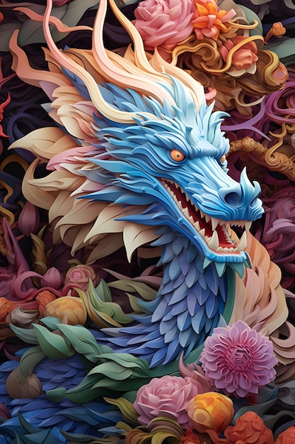 Paper cut craft paper illustration paper quilling a majestic ancient fantasy dragon sitting on a