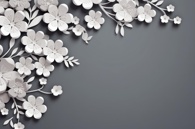 Paper cut decor with blooming white 3d flowers in left corner on dark background