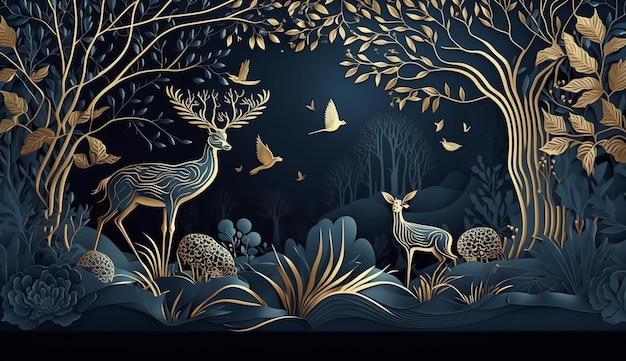 A paper cut of a deer and a deer in the forest.