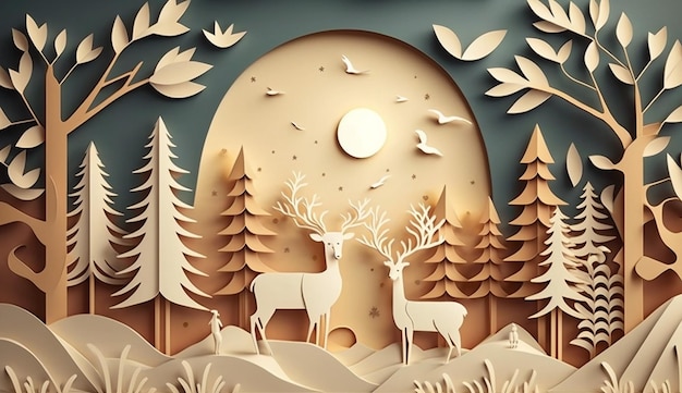 A paper cut of deer in the forest with a moon and sun behind them.