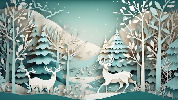 A paper cut of deer in the snow with a snowy landscape and trees.