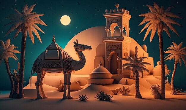 A paper cut of a desert with a camel and a mosque.