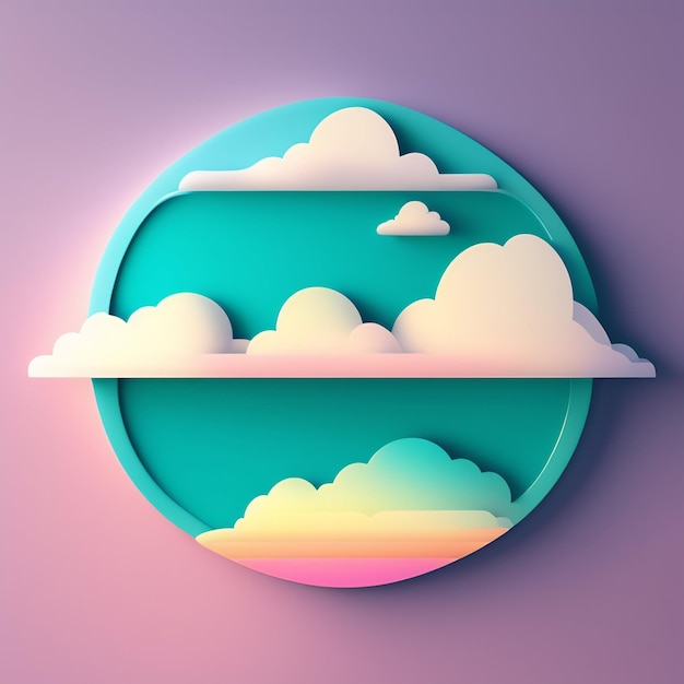 雲とピンクとブルーの円の切り絵デザイン。