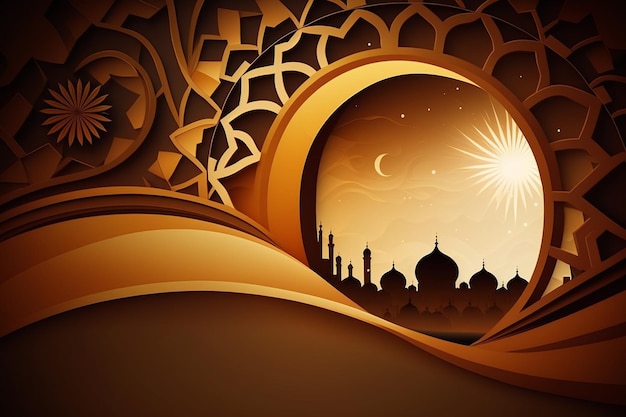 A paper cut design with a mosque and the sun