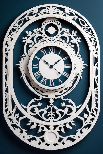 Paper cut design with a round frame and a clock on the top