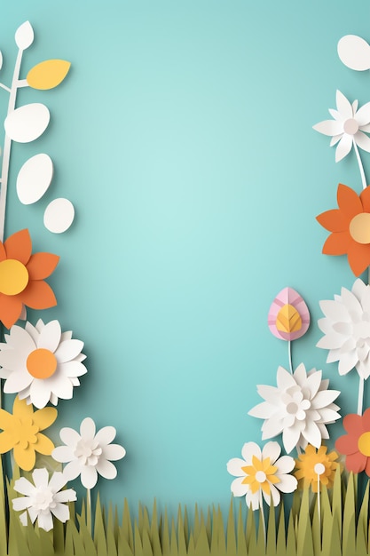 Foto stendardo di pasqua tagliato in carta con uova colorate, erba e fiori con spazio vuoto per la copia