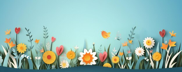 Photo paper cut easter banner with colorful eggs grass and flowers with empty copy space