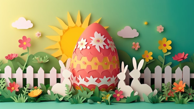 A paper cut easter scene with a bunny easter egg sun and flowers aige