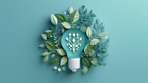Paper cut of eco friendly light bulb with green leaves Generative AI