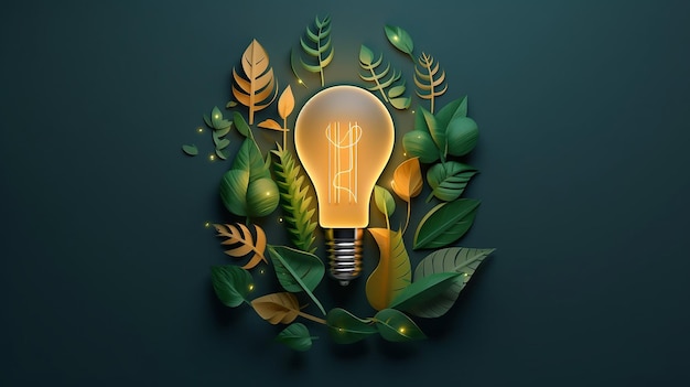 Paper cut of eco friendly light bulb with green leaves Generative AI