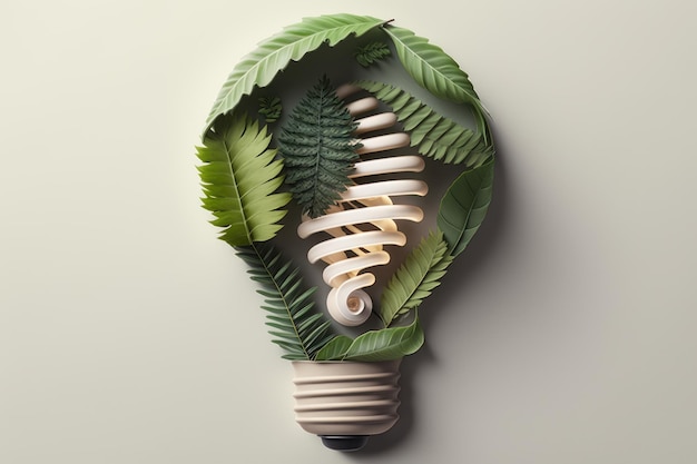 Paper cut of eco friendly light bulb with green leaves Sustainable energy concept Generative AI