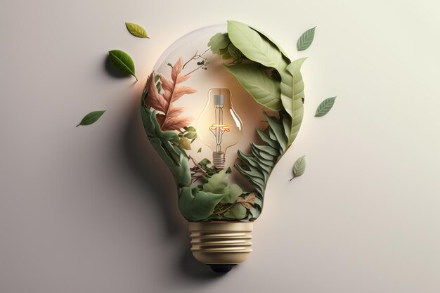 Paper cut of eco friendly light bulb with green leaves Sustainable energy concept Generative AI