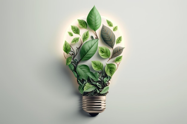 Paper cut of eco friendly light bulb with green leaves Sustainable energy concept Generative AI