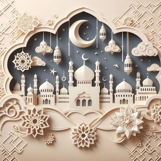 paper cut of Eid mubarak background wallpaper poster and banner design