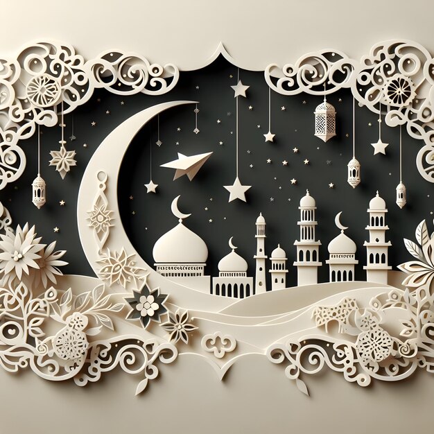 paper cut of Eid mubarak background wallpaper poster and banner design