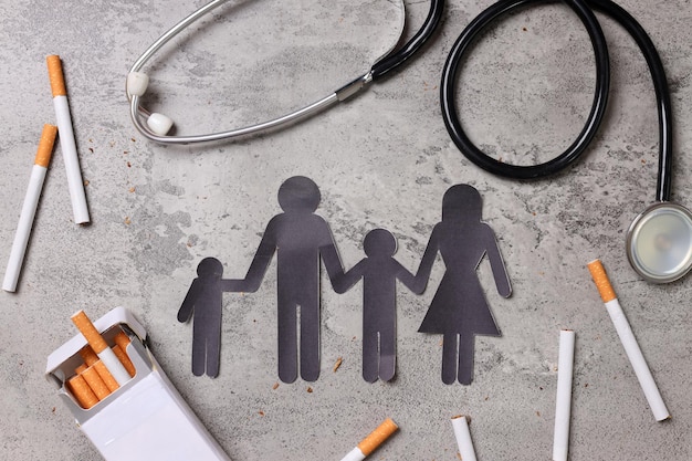 Paper cut of family with cigarettes and stethoscope Stop smoking for your family World no Tobacco