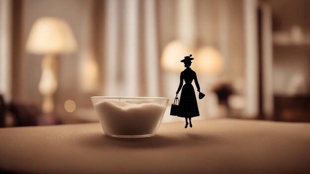 Paper cut figurine in Victorian style on the background of sweets and food looks like Mary Poppins