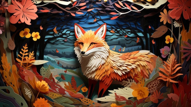 Paper cut fox in a vibrant forest bright colors detailed textures