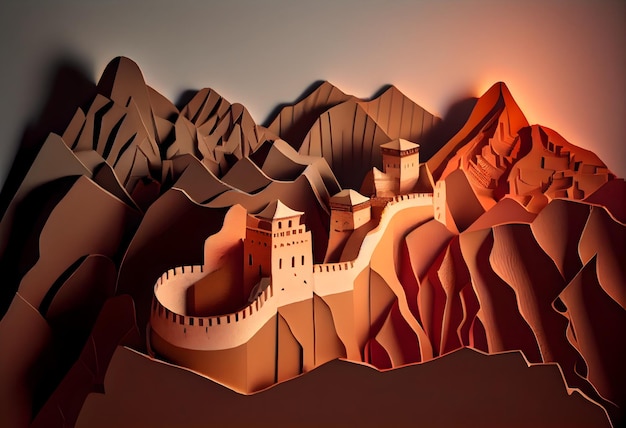 Photo a paper cut of a great wall with a mountain in the background.