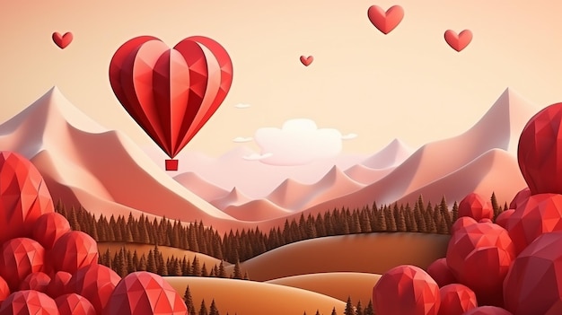 Paper cut hot air heart shaped balloon flying on over mountains