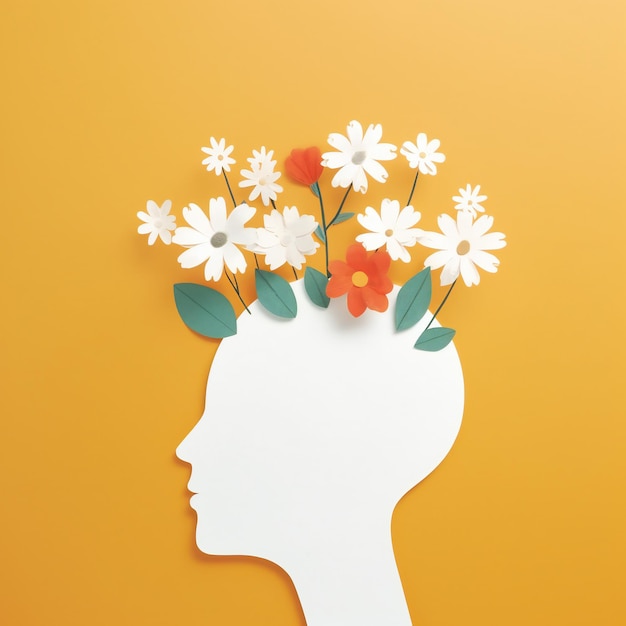 Paper cut human head with flowers on orange background world mental health day concept