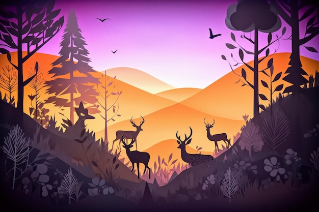 A paper cut illustration of deers in a forest.