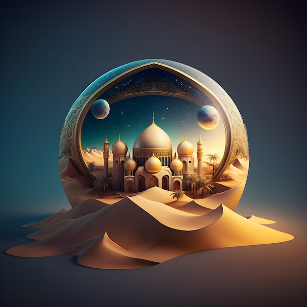 A paper cut illustration of a desert with a mosque and a moon.