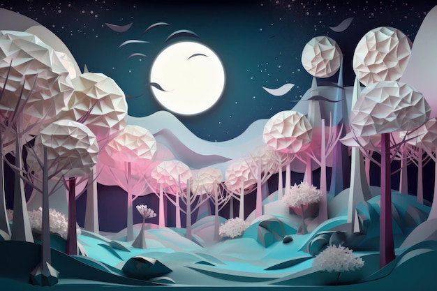 A paper cut illustration of a forest with a moon and stars.