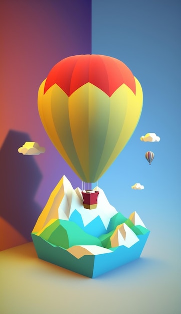 A paper cut illustration of a hot air balloon with mountains in the background.