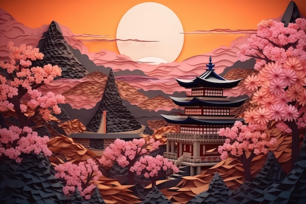 A paper cut illustration of Japan and dark sunset with a mountain