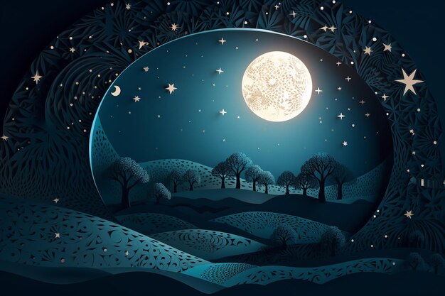 A paper cut illustration of a landscape with a full moon and stars.