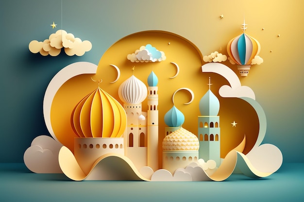 A paper cut illustration of a mosque and a moon eid mubarak ramadhan theme wallpaper