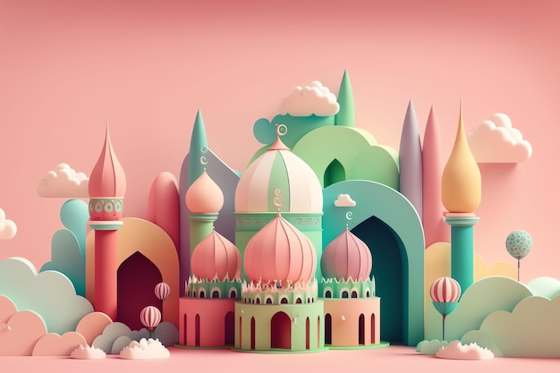 A paper cut illustration of a mosque and a moon eid mubarak ramadhan theme wallpaper