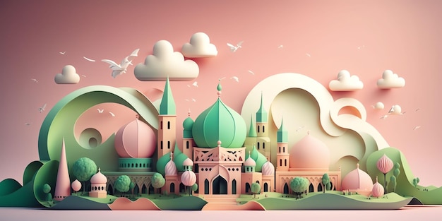 A paper cut illustration of a mosque and a moon eid mubarak ramadhan theme wallpaper