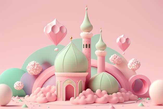 A paper cut illustration of a mosque and a moon eid mubarak ramadhan theme wallpaper