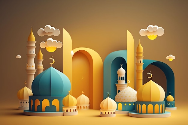 A paper cut illustration of a mosque and a moon eid mubarak ramadhan theme wallpaper