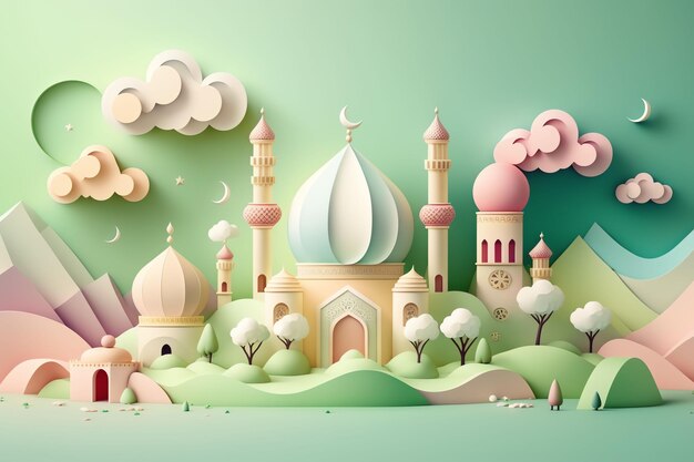 A paper cut illustration of a mosque and a moon ramadhan wallpaper eid mubarak wallpaper