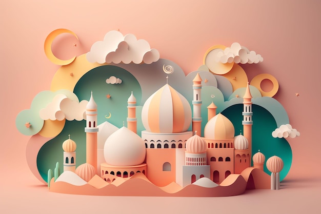 Вырезанная из бумаги иллюстрация мечети и луны рамадан обои ид мубарак обои