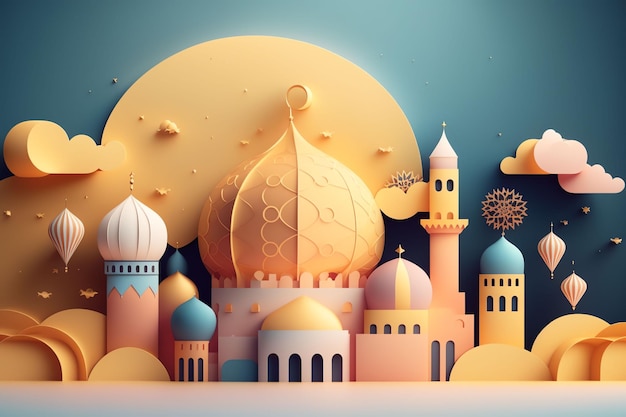 Вырезанная из бумаги иллюстрация мечети и луны со словами "мечеть" на ней.