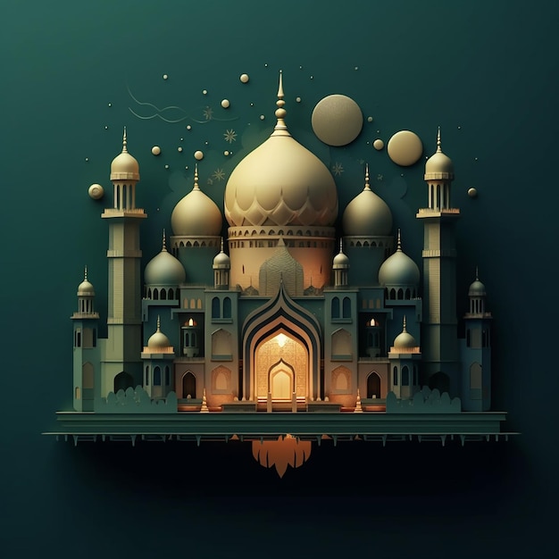 돔이 있는 모스크의 종이 컷 그림과 타지마할이라는 단어
