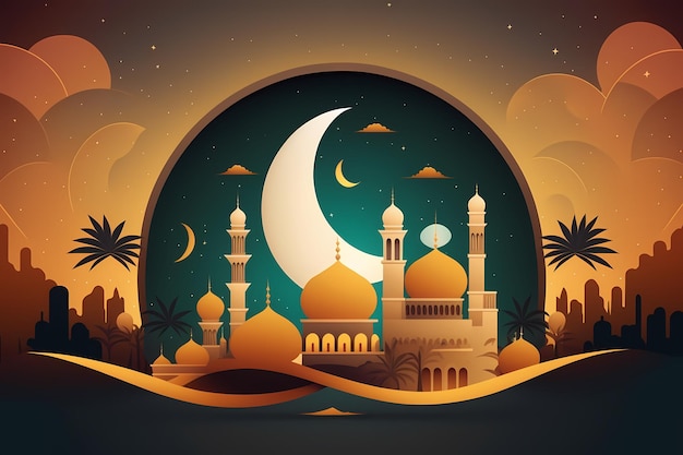 A paper cut illustration of a mosque with the moon and the moon in the background.