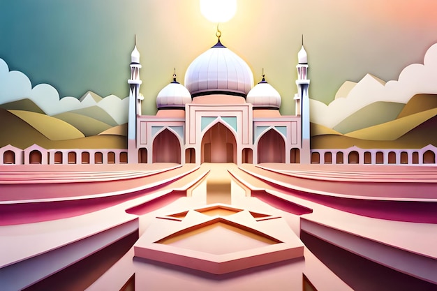 A paper cut illustration of a mosque with mountains in the background