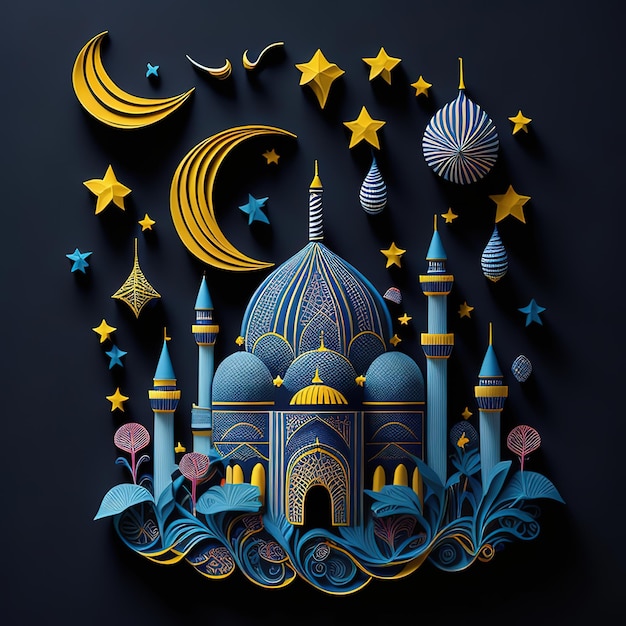 A paper cut illustration of a mosque with stars and moon.