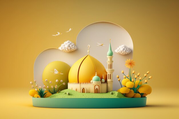 A paper cut illustration of a mosque with yellow flowers and a green Generative AItree