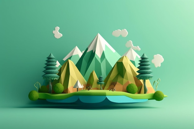 A paper cut illustration of a mountain landscape with trees and mountains.