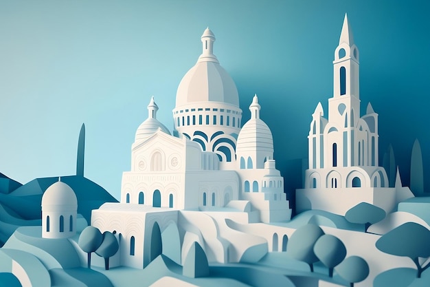 A paper cut illustration of paris with a church in the middle.