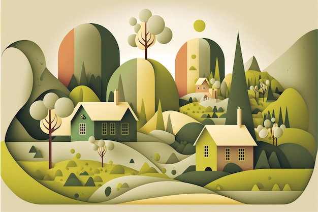 A paper cut illustration of a village with a snowy landscape and trees.