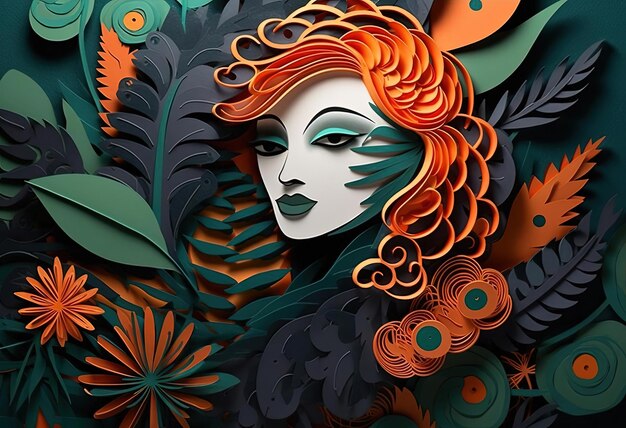 paper cut illustrations with tropical leaves in the style of dark emerald and orange